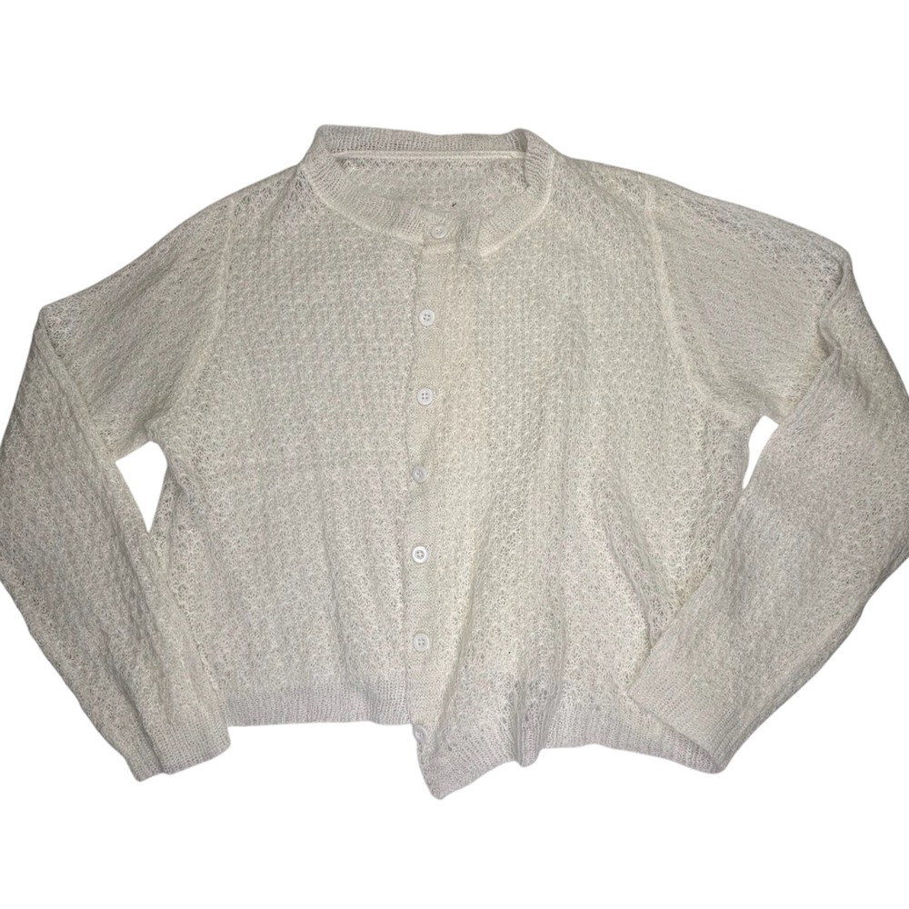 Cottagecore Fuzzy Cardigan Womans L Sheer Cream Cropped Soft Mohair Look Sweater